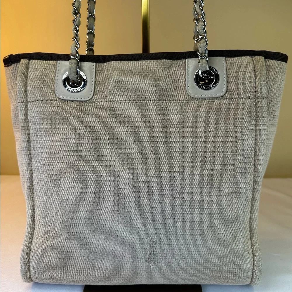 CHANEL CC Deauville Tan Canvas Small Tote SHW White Lettering COA - Picture 9 of 16